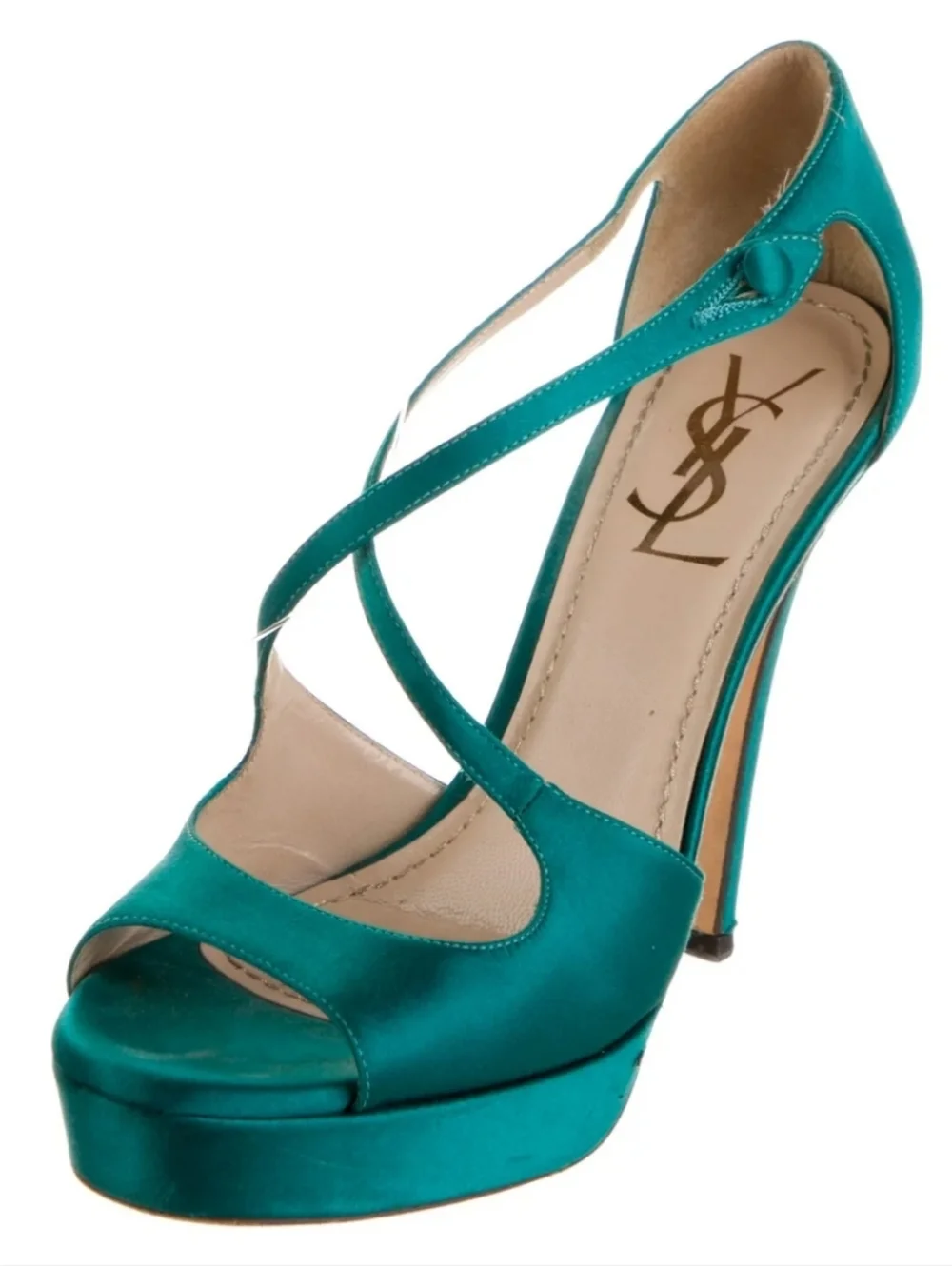 YVES SAINT LAURENT Teal Satin Platform Heels Crisscross Ankle Strap Stiletto - Picture 4 of 8